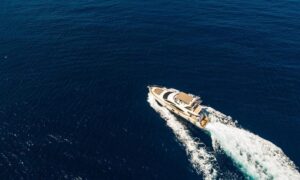 Luxury motor yacht Bormus 1 sailing in turquoise waters of Gocek