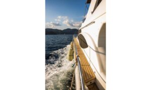 Luxury motor yacht Bormus 1 sailing in turquoise waters of Gocek