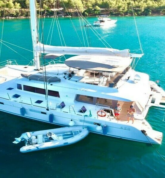 Lagoon 620 Catamaran for rent anchored at a private cove in Bodrum