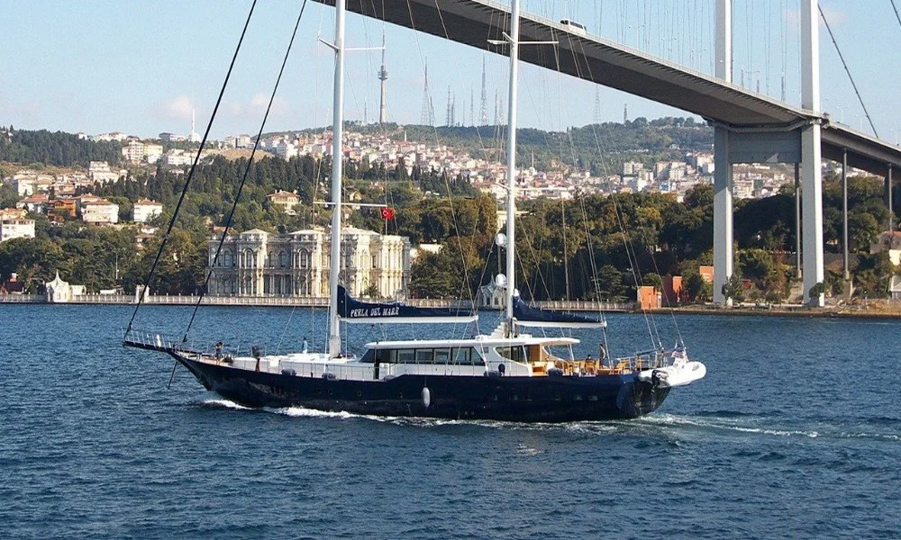 The luxurious Gulet Perla Del Mare sails in Istanbul's Bosphorus