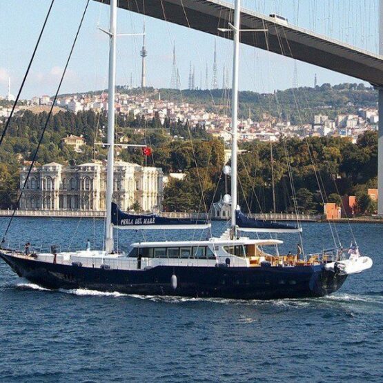 The luxurious Gulet Perla Del Mare sails in Istanbul's Bosphorus.