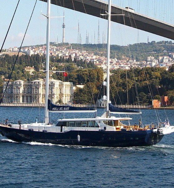 The luxurious Gulet Perla Del Mare sails in Istanbul's Bosphorus.