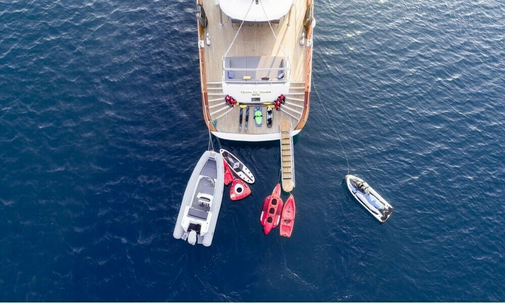 Luxury Gulet Queen of Makri's sail and swim platform and water toys