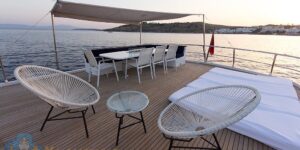 Luxury outdoor living space on the Trawler Troy Explorer in Bodrum