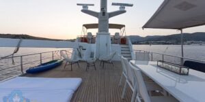 Luxury deck with sitting and sunbathing are of the Trawler Troy Explorer in Bodrum