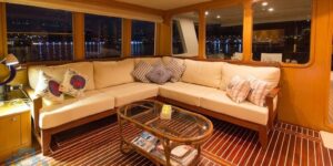 Elegant interior of Trawler Troy Explorer for charter in Bodrum