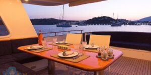 Luxury outdoor dining area on the Trawler Troy Explorer in Bodrum