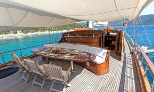 Dining area on deck of Gulet Grace in Bodrum