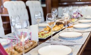 Elegantly set dining table inside Gulet Grace for a luxurious meal in Bodrum