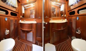 En-suite bathroom in cabin of Gulet Zephyria 2, blending luxury and privacy for family charters in Bodrum