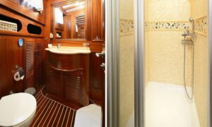 En-suite bathroom in cabin of Gulet Zephyria 2, blending luxury and privacy for family charters in Bodrum