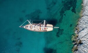 Aerial view of Gulet Zephyria 2, showcasing luxury family charter in Bodrum.