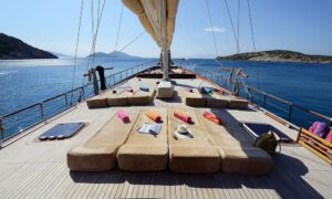 Sunbathing spots on Gulet Zephyria 2 deck for relaxing Bodrum family charter