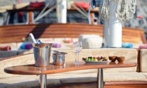 Outdoor dining area on Gulet Zephyria 2, set for a family meal on a Bodrum charter