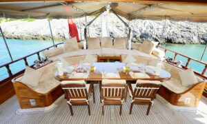 Outdoor dining area on Gulet Zephyria 2, set for a family meal on a Bodrum charter