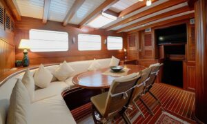 Cozy lounge area inside Gulet Zephyria 2, designed for family relaxation on Bodrum charters